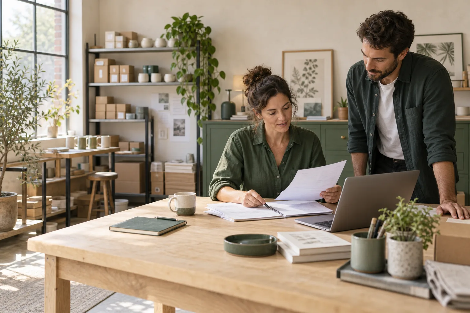 Small business owners reviewing paperwork and their laptop in a sunlit creative studio